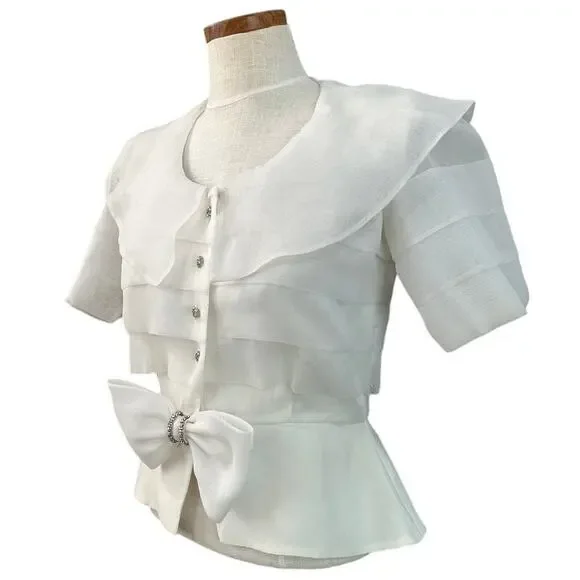 Vintage Ann Hobbs Cattiva Organza Bow Blouse XS White 80s Couture Wedding USA